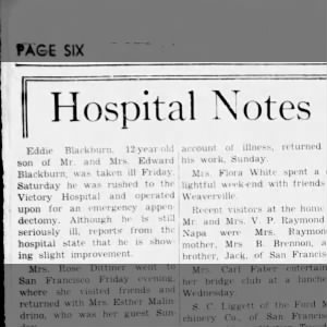 HOSPITAL NOTES:  Eddie Blackburn, 12-year-old son of Mr. and Mrs. Edward Blackburn, ...